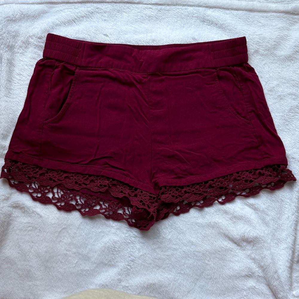 Express High Waist Maroon Lace Trim Shorts